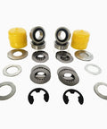 Front Wheel Bearing Kit For Riding Lawn Mowers Replacement Front Axle Bearings With Caps Spacers Gaskets For John Deere Models M123811 AM127304 M143338 9040H showcasing all components