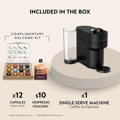 Vertuo Pop Plus Deluxe Coffee And Espresso Maker By DeLonghi in Black Matte with Dark Chrome shown with capsules and voucher