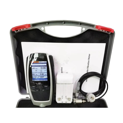 Badass Handheld Vibration Tester Built Tough For Dead Simple Acceleration Velocity And Displacement Testing in a durable case.