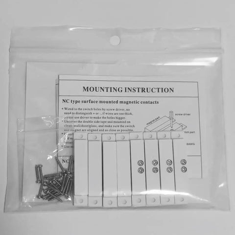 Package contents of Four Pack NC Wired Door Alarm Magnetic Contact Sensor with instructions and screws for easy install.