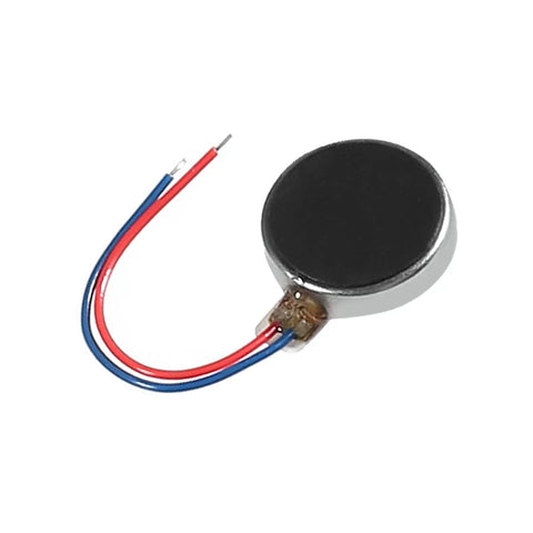 10 Pack Mini Vibration Motors 3V DC 12000 RPM Flat Coin Button Type Micro Vibrating Motors 10mm By 3mm For Mobile Phones Tablets And Home Gadgets And DIY Projects, showing a single motor with wires
