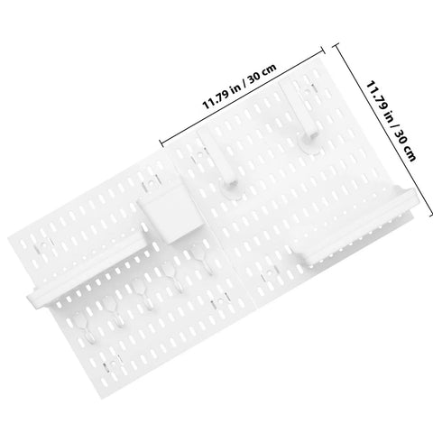 Medium Size Nail Free Wall Pegboard Organizer With Heavy Duty Hooks And Solid Wood Panel, white, top view, 11.79 in x 30 cm.