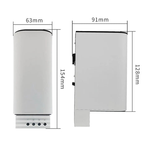 Touch Safe Industrial Air Space Heater 150 Watt For Cabinets Electrical Enclosures side view with dimensions 63mm x 91mm x 154mm.