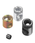 Three cam lock fittings in gold, silver, and black for furniture assembly, compatible with Twenty Piece Set Of Knockout Gold Cam Lock Fittings For Furniture Assembly Rust Proof Heavy Duty Hardware Fasteners No Sweat Install Wardrobe Screws Tight Woodworking Connectors.