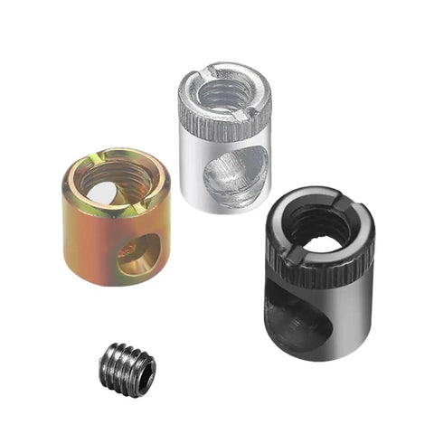 Three cam lock fittings in gold, silver, and black for furniture assembly, compatible with Twenty Piece Set Of Knockout Gold Cam Lock Fittings For Furniture Assembly Rust Proof Heavy Duty Hardware Fasteners No Sweat Install Wardrobe Screws Tight Woodworking Connectors.
