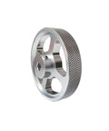 Aluminum Alloy Synchronous Encoder Measuring Wheel, 67.45mm * 6mm, shown at an angle with a textured surface and hollow spokes.
