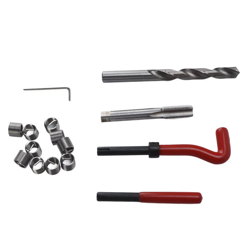15 Piece Thread Repair Kit With Stainless Steel Inserts M12x1.5x16.3mm In A Handy Storage Case 3 Length Options For Restoring Damaged Internal Threads On Auto Motorcycle And Machinery. thread repair tools, drill, tap, insert wrench, and stainless inserts