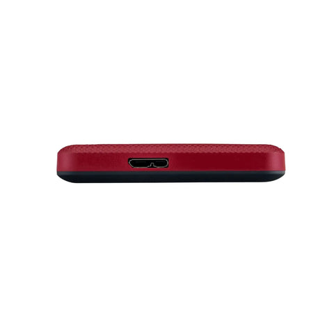 Side view of Dope 2TB Portable External Hard Drive With USB 3.0 Red Finish Fast Plug and Play Storage For Backups Password Protection Software And Windows PC Backup Slim And Stylish For Travel And Everyday Use showing USB port.