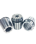 Ultra Precision ER40 Chuck Collet Set 2mm to 32mm Range With 0.008 Tolerance For Heavy Duty Machining And High Grade Durability Using American Slang Ready, showing three steel collets.