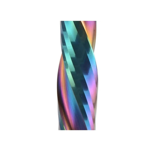 Tough As Nails Two Flute Compression Spiral Router Bit combining up down cutting design, showing rainbow finish and carbide edges.