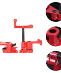 Heavy Duty Steel Pipe Clamps With Comfort Grip Rubber Sleeves, Quick Release Woodworking Screw Vise For Furniture Repairs And Rock Solid Panel Joints, Smooth Gluing Action No Sweat Professional Tool Kit, red steel clamp close-up.
