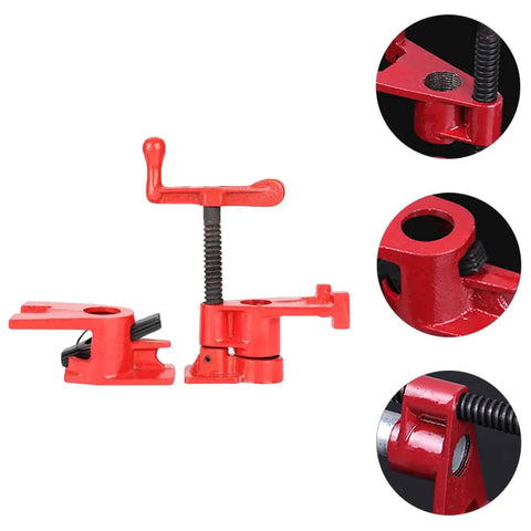 Heavy Duty Steel Pipe Clamps With Comfort Grip Rubber Sleeves, Quick Release Woodworking Screw Vise For Furniture Repairs And Rock Solid Panel Joints, Smooth Gluing Action No Sweat Professional Tool Kit, red steel clamp close-up.