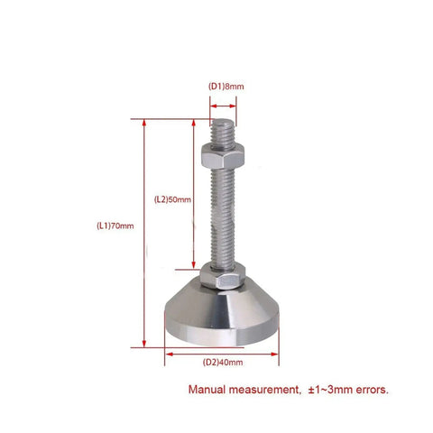 Four Pack Adjustable Furniture Feet M8 Thread 50mm Stainless Steel Levelers with measurements for cabinets and tables