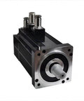 Front view of a servo motor with encoder for high resolution and precise control, black and silver, used in CNC and robotics projects.