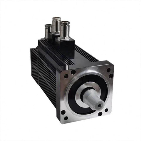 Front view of a servo motor with encoder for high resolution and precise control, black and silver, used in CNC and robotics projects.