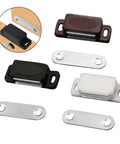 Heavy Duty Cabinet Magnetic Latch in black, white, and brown for kitchen cupboards and wardrobe doors, durable ABS and iron hardware
