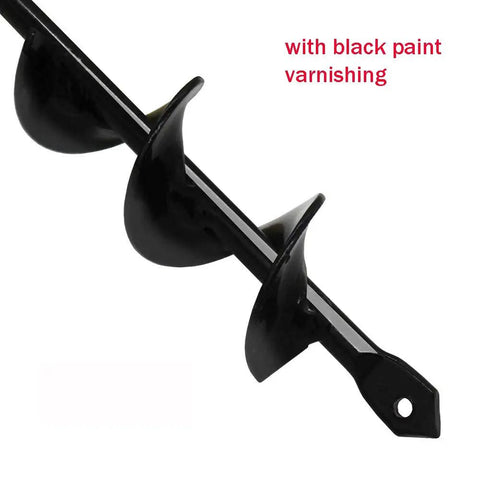 Close-up of black steel shaft and spiral design of Garden Auger Drill Bit 2 Inch By 30 Inch Upgraded Spiral Hole Digger