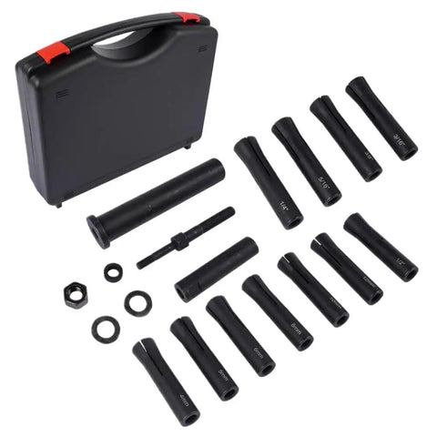 Pro Grade Dowel Pin Puller Master Kit with in-line pulling, case, and various pin sizes from 4mm to 1/2 inch for auto shop use.