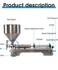 Heavy Duty Pneumatic Liquid Filler Machine showing big hopper, speed adjustment knob, and quantitative rocker for precise filling.