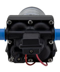 Front view of RV Water Pump Direct Replacement For Shurflo 4008-101-A65 3.0 GPM 12V with blue inlet and outlet caps, durable design.