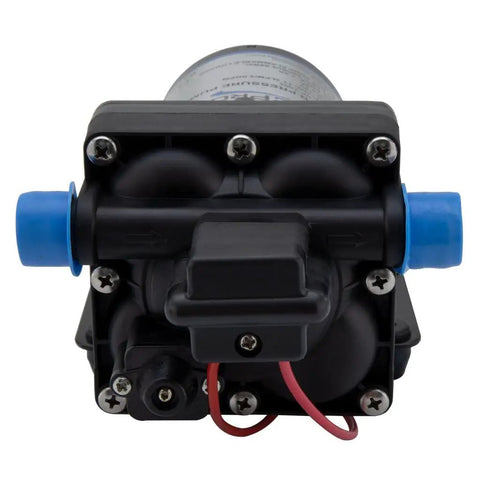 Front view of RV Water Pump Direct Replacement For Shurflo 4008-101-A65 3.0 GPM 12V with blue inlet and outlet caps, durable design.