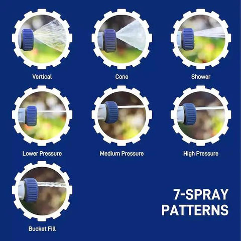 Heavy Duty Seven Pattern Firemans Hose Nozzle With Adjustable Pressure Rust Proof Yard Sprayer Tough As Nails For Garden Cleanup And Flushes Every Job Real Slick Like A Champ showing seven spray patterns on a blue background.
