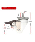 Heavy Duty T50 Swivel Brake Caster With Threaded Stem white brake wheel showing dimensions for machinery furniture appliances