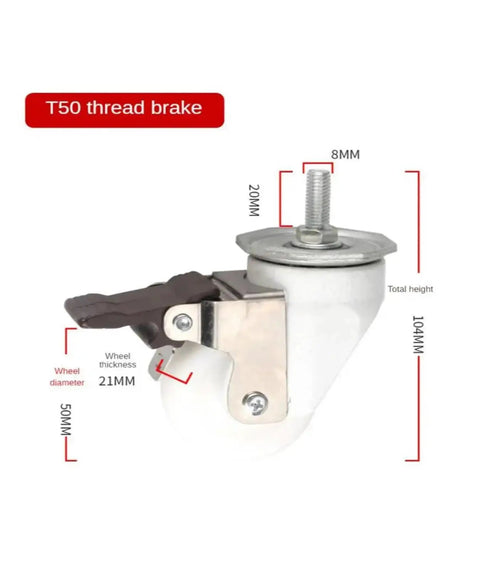 Heavy Duty T50 Swivel Brake Caster With Threaded Stem white brake wheel showing dimensions for machinery furniture appliances