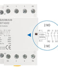 110V AC 4 Pole Modular Contactor Built For 63A Rating And 2NO 2NC Normally Open And Normally Closed Contacts For Forward And Reverse Motor Control Din Rail Mount For HVAC Motor Pump And Lighting Control front view