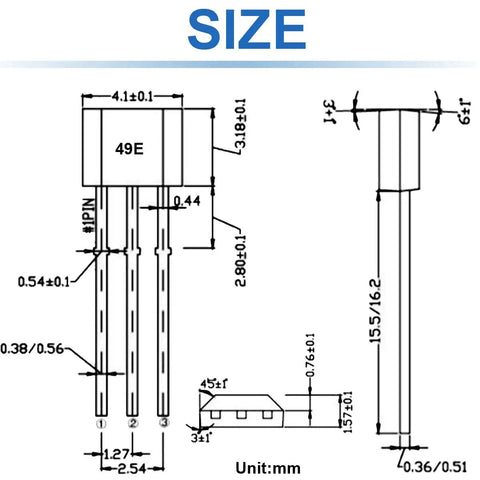 Technical diagram of 49E OH49E SS49E Hall Effect Sensor TO92 Three Pins Linear Hall Effect Sensor with dimensions in mm