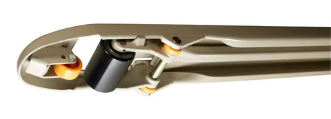 Close-up of Hand Pallet Jack 5000 lb Capacity With Roller Entry And Exit Ramp Tapered Fork Tips and roller mechanism