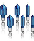 Killer Six Piece Countersink Drill Bit Set With One Quarter Inch Hex Shank And Slick Ninety Degree Chamfering Design, 6-19mm sizes.