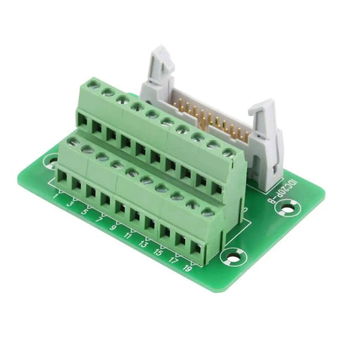 Must-Have IDC Breakout Board 2x10 20 Pin Male Header Terminal Block Connector With 2.54mm Pitch, FRC Flat Ribbon Cable Compatible, Connect Arduino Uno Pins To Peripherals, Includes DIN Rail Mount Carrier And Mounting Screws. 2x10 green PCB breakout board with screw terminals and IDC header