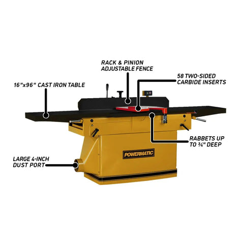 Industrial Grade 16 Inch Parallelogram Jointer With Helical Cutterhead 7.5 Hp Three Phase Motor showing features and adjustments.