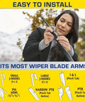 Woman installing 20-inch all weather 2-in-1 windshield wiper with water repellent tech, fits most wiper blade arms.