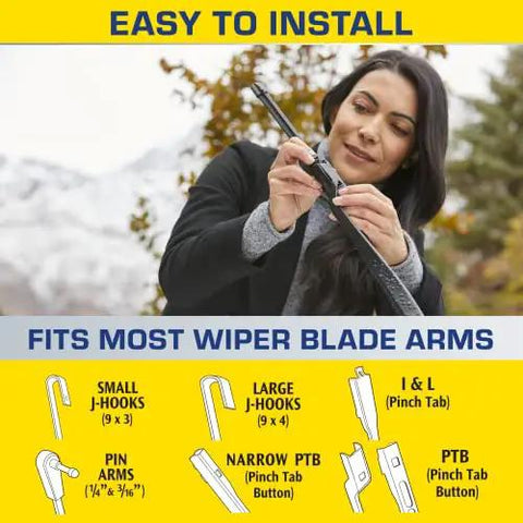 Woman installing 20-inch all weather 2-in-1 windshield wiper with water repellent tech, fits most wiper blade arms.