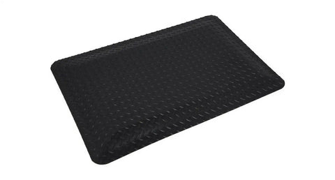 Built Tough Dielectric Anti Fatigue Mat With Diamond Plate Texture Four By Eight Feet Five Eighths Inch Thick close-up view of black rubber flooring