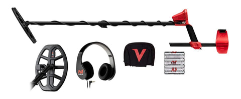 Minelab Vanquish 440 metal detector with a 10x7 Double-D waterproof coil, wired headphones, carrying bag, and 4 AA batteries