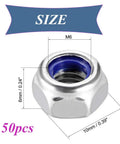 M6x1mm Nylon Insert Hex Lock Nuts, 50 Pack, 304 Stainless Steel, Heavy Duty, Anti Loosening, Corrosion Resistant Fasteners shown with dimensions