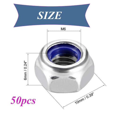 M6x1mm Nylon Insert Hex Lock Nuts, 50 Pack, 304 Stainless Steel, Heavy Duty, Anti Loosening, Corrosion Resistant Fasteners shown with dimensions