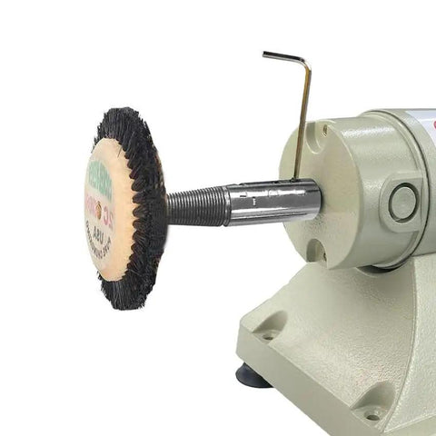 Heavy Duty Tapered Polishing Spindle Set With Right And Left Hand Threads For Half Inch Bench Grinder Fits Polishing Motor, mounted on grinder.