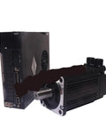 Black AC servo motor with mounting flange and exposed shaft, paired with a tall 220V drive module (front view).