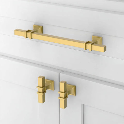 Top Tier Brushed Gold Cabinet Pulls 10 Pack 5 Inch Center To Center Modern Kitchen Cupboard Drawer Handles on white cabinets.