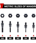 Five metric sizes of mandrel for Heavy Duty M3 Through M8 Electric Rivet Gun Adapter Kit, for precise fits in auto and DIY work.