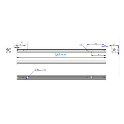 Rock Solid 2020 V Slot Aluminum Extrusion Profile For X Axis Linear Guide Rail 20 By 20 Millimeter 345 Millimeter Length technical drawing with dimensions.