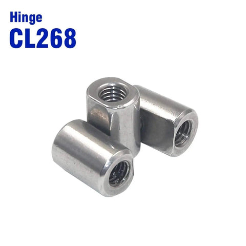 Close-up of metal hinge CL268 connector showing threaded holes for Hidden Spring Concealed Cabinet Hinge Industrial Style One Piece Construction Built To Last Heavy Duty Soft Close Ready Concealed Mount For Kitchen And Workshop Cabinets.