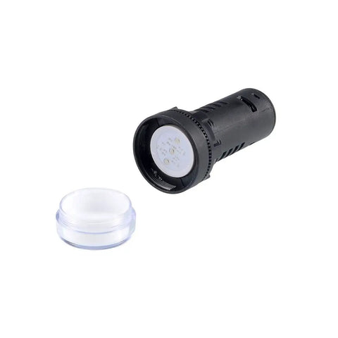 Red Green Dual Color Indicator Light 24 Volt Dual Power, 22mm Panel Mount, High Brightness LED shown with black housing and panel lock nut.