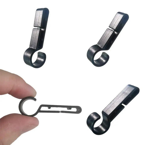 Hard Hat Headlamp Clips for Easy Mounting on Narrow Edged Helmets, durable clips shown in close-up, black plastic, 10 pack