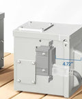 Heavy Duty Rugged Outdoor Outlet Box Knockout Free Setup with GFCI ports and dimensions on wooden surface.