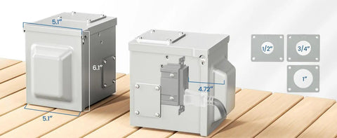 Heavy Duty Rugged Outdoor Outlet Box Knockout Free Setup with GFCI ports and dimensions on wooden surface.